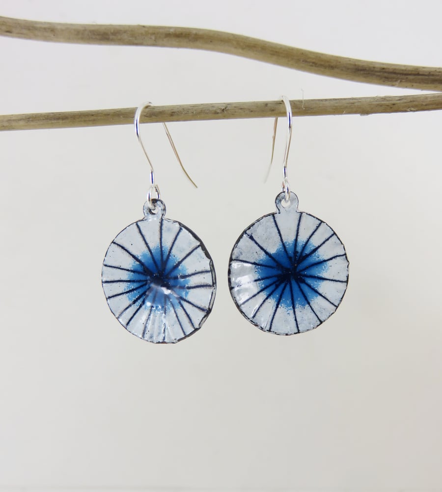 Drawn Blue and White Enamel Dangle Earrings with Clear Teal Pools