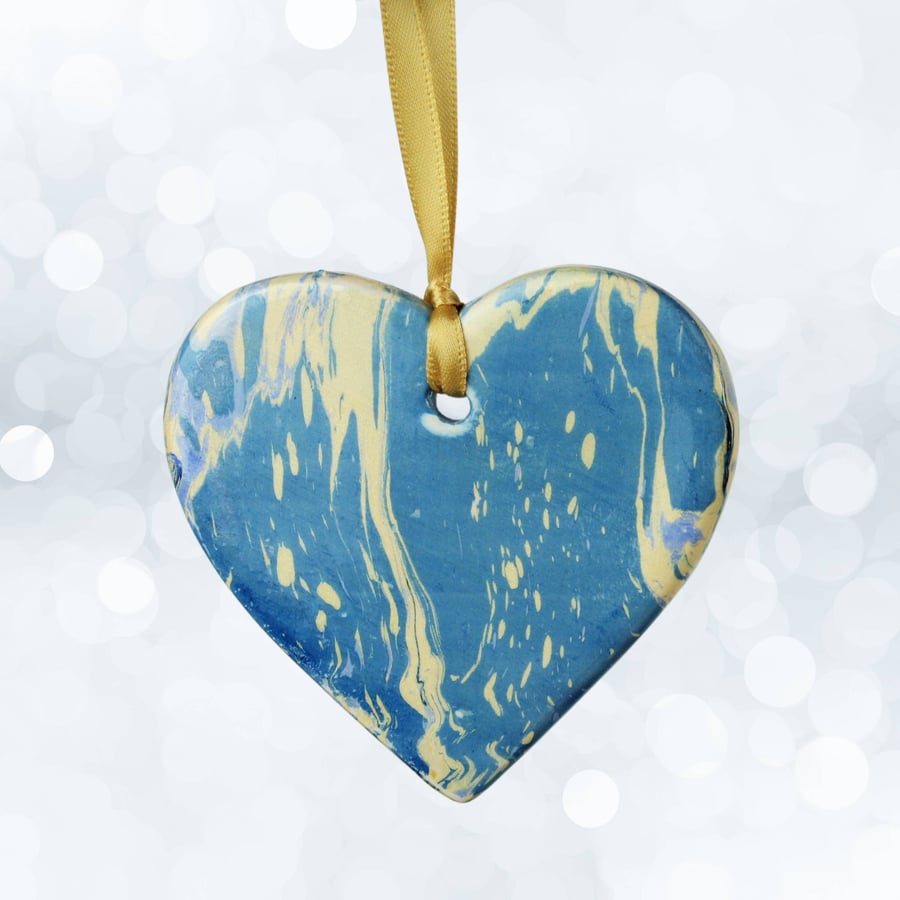 Marbled ceramic 8.5cm heart hanging decoration seconds sunday 
