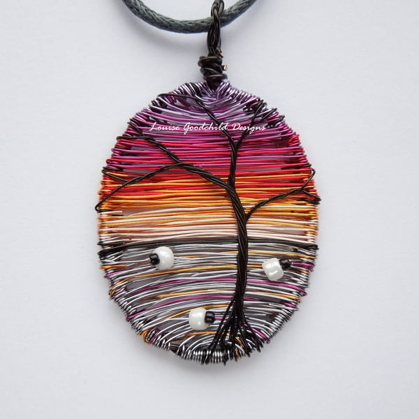 Sunset Sheep wire scene necklace, unique wearable wire art