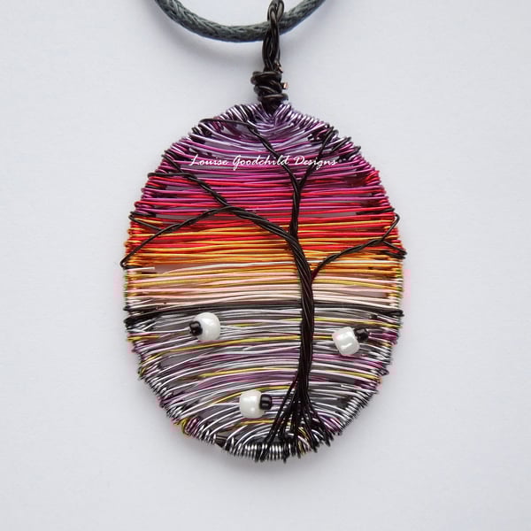 Sunset Sheep wire scene necklace, unique wearable wire art