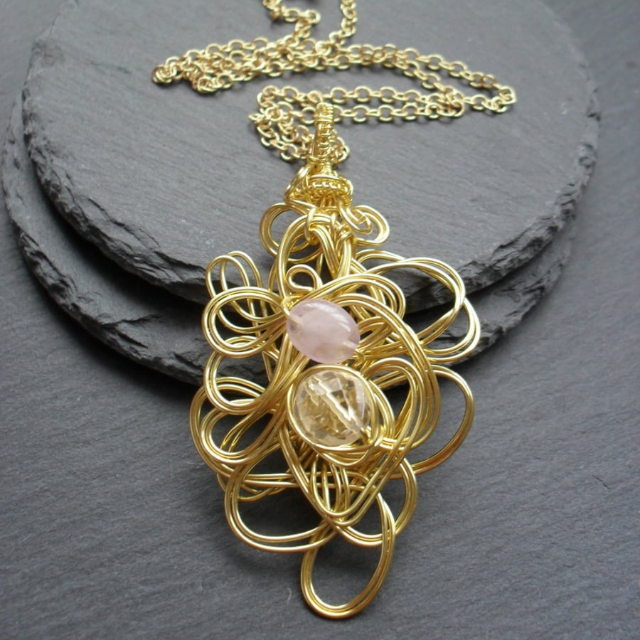 Wire Pendant With Gold Coloured Wire and Semi Precious Gemstones
