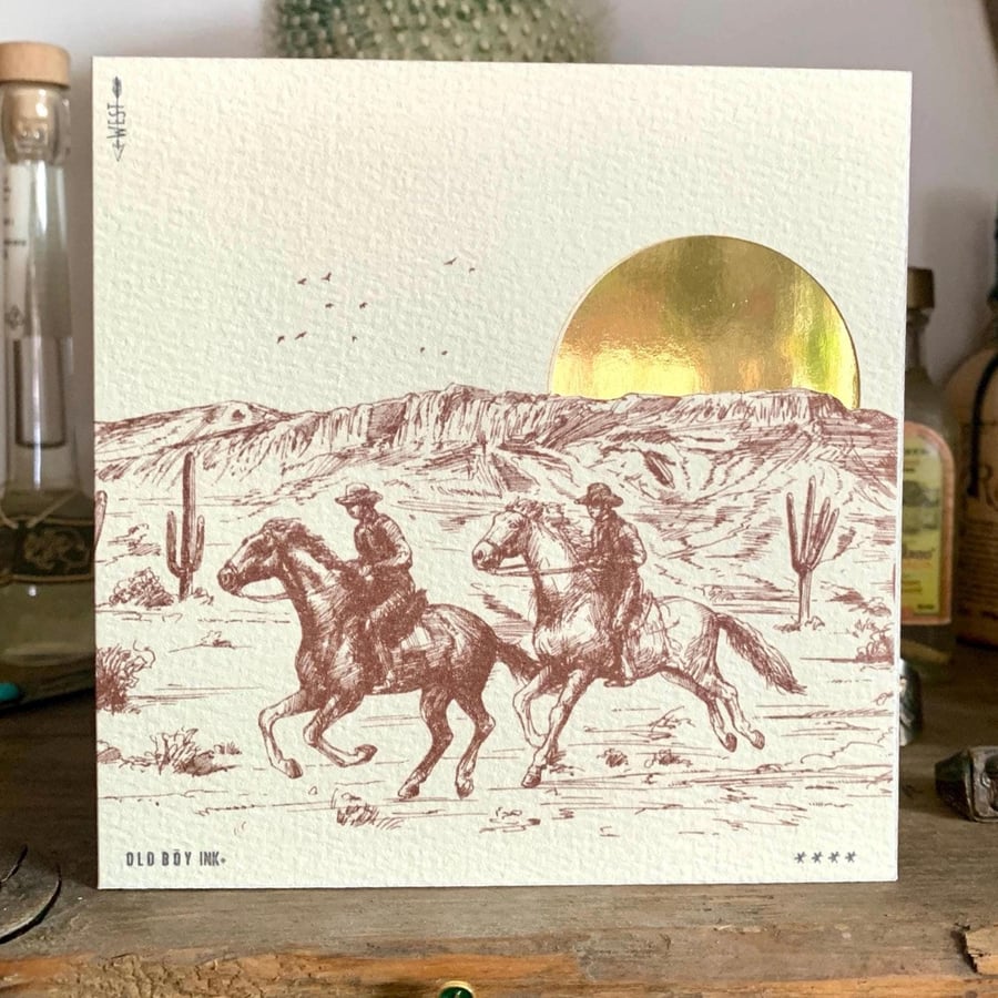 Western Cowboys handmade birthday greetings card - Off white & Gold