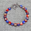 Red and Blue Glass Millefiori Bead Bracelet with Silver-Plated Toggle Clasp