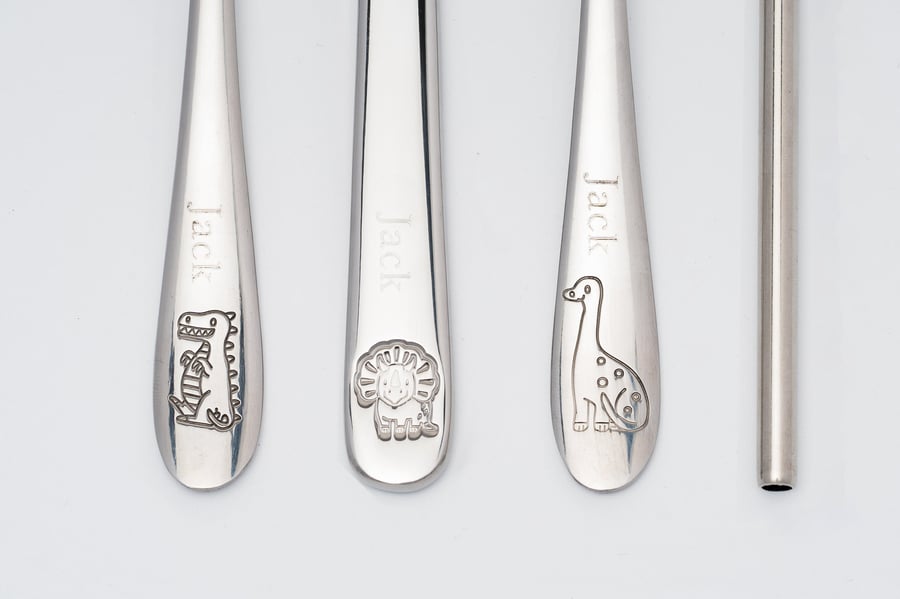 Childrens Personalised Engraved DINOSAUR Cutlery Set in a bespoke gift box