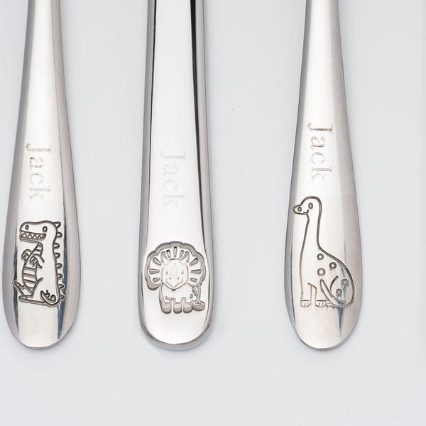 Childrens Personalised Engraved DINOSAUR Cutlery Set in a bespoke gift box