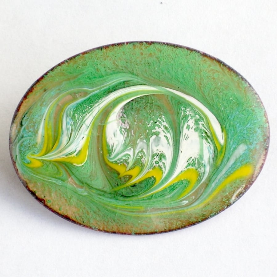 large oval brooch - scrolled white and yellow over bright green