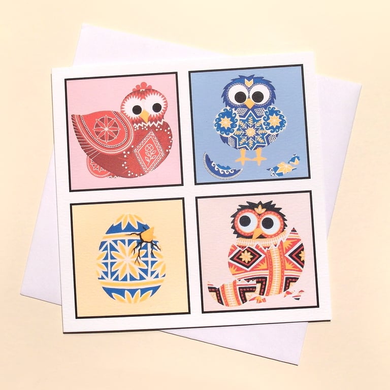 Blank Card with Patterned Ukrainian Eggs, Chicks and Chicken Q-PSQ