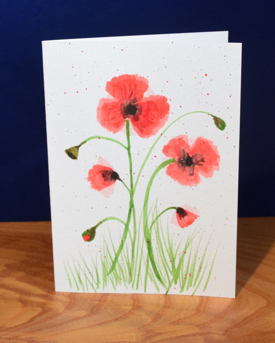 Red poppies - watercolour, individually hand painted. Greeting card