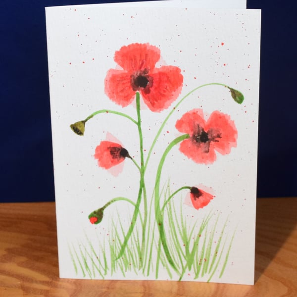 Red poppies - watercolour, individually hand painted. Greeting card