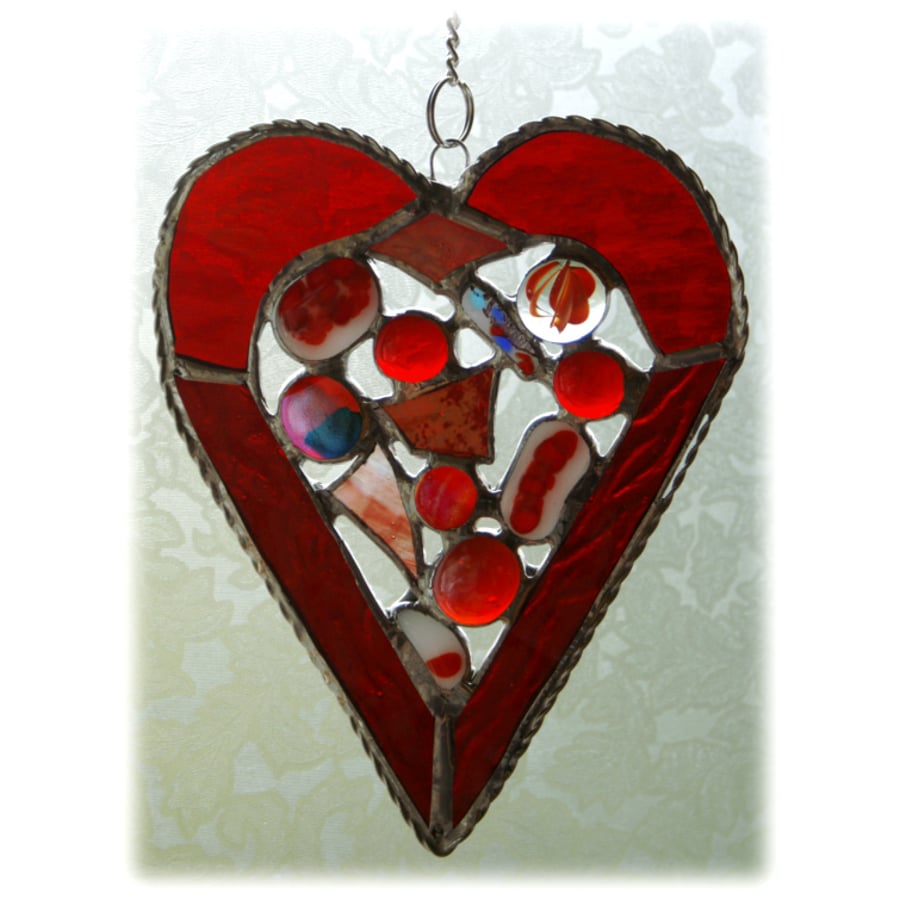 Heart Abstract Suncatcher Stained Glass Red Pebbles Fused