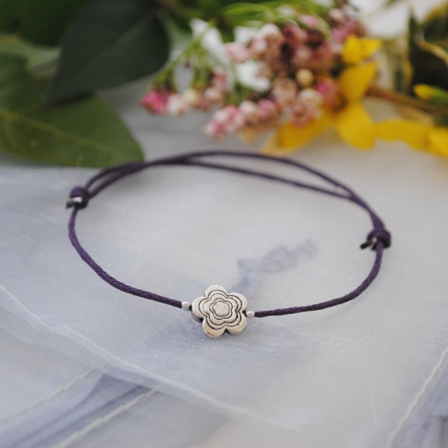 Friendship Bracelet-Purple & silver flower