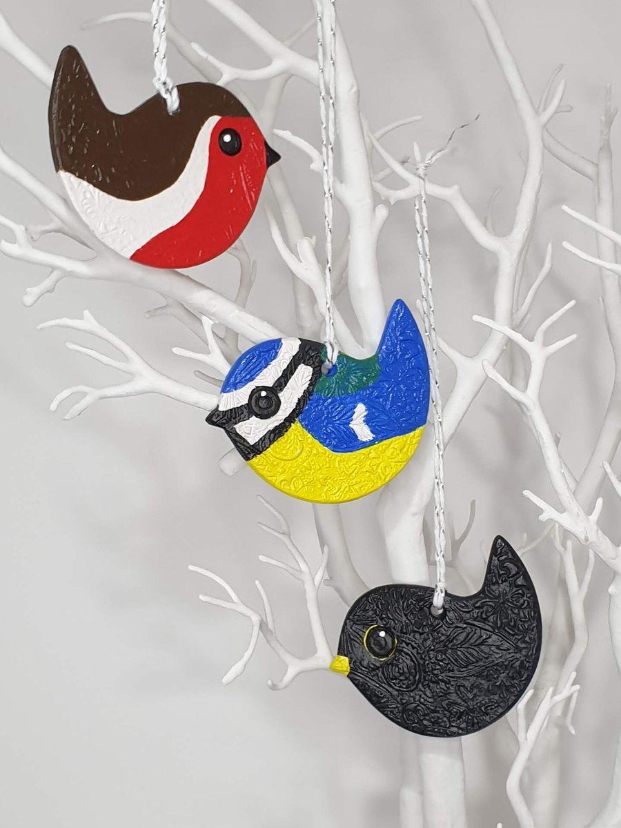 Garden birds, clay hanging decorations - robin, bluetit and blackbird set
