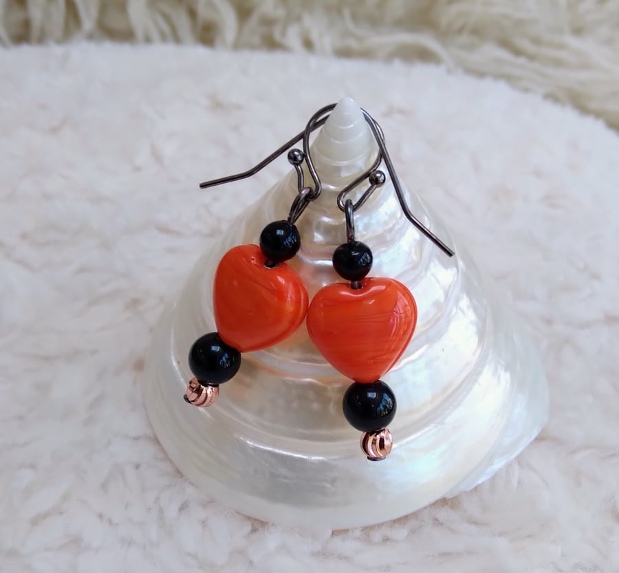 Orange LAMPWORK glass and black beaded GUNMETAL earrings