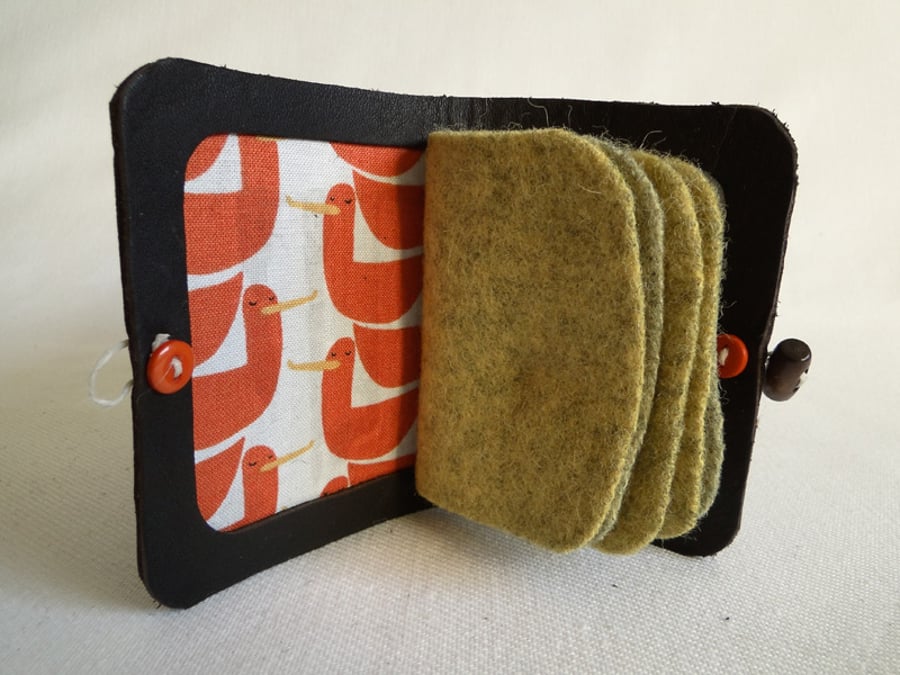 Needle Case in Brown Leather with Orange Bird Fabric - Needle Book