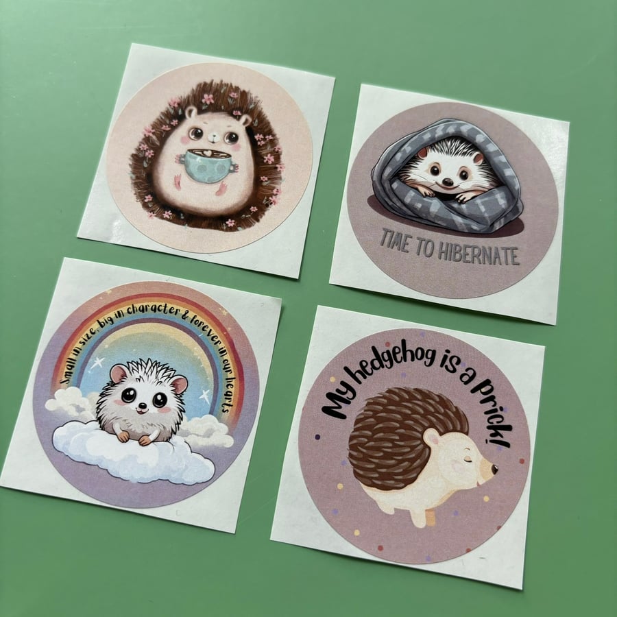 Hedgehog stickers. 51mm x 51mm circle gloss paper sticker.