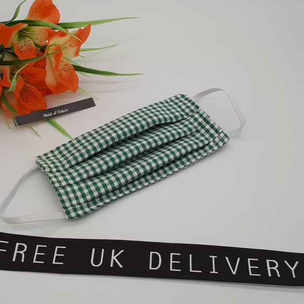 Face mask, small, 3 layer,  machine washable in green gingham fabric.  
