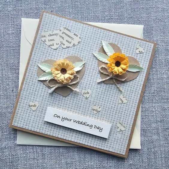 Square Rustic Wedding Card with Quilled Flowers Size 5" x 5"