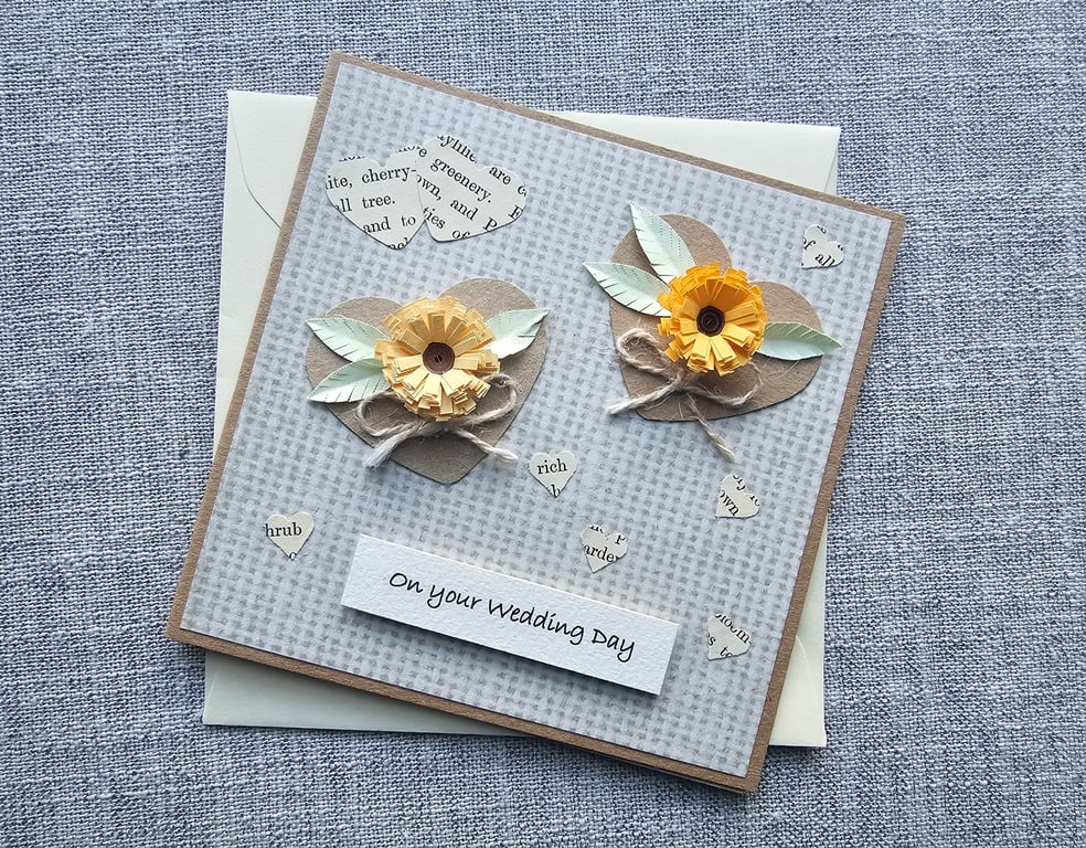 Square Rustic Wedding Card with Quilled Flowers Size 5" x 5"