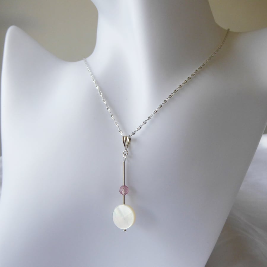 Strawberry Moon Necklace - Strawberry Quartz, Mother of Pearl & Sterling Silver
