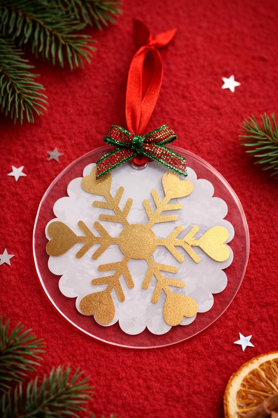 Gold Snowflake Acrylic Ornament – Frosted Winter Christmas Tree Decoration