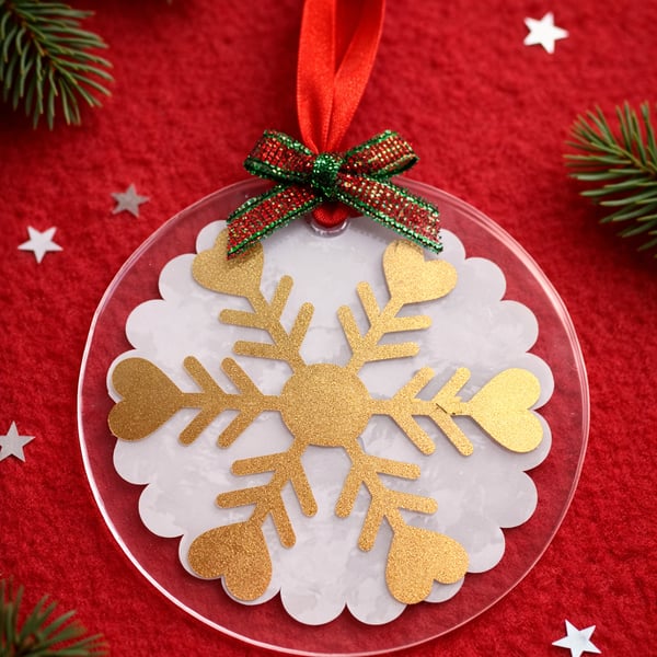 Gold Snowflake Acrylic Ornament – Frosted Winter Christmas Tree Decoration