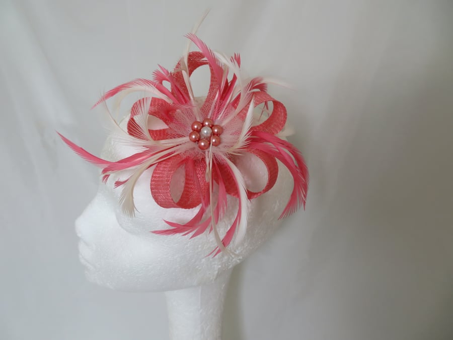 Coral Flamingo Pink and Ivory Sinamay Loop Feather & Pearl Clip Fascinator Mini 