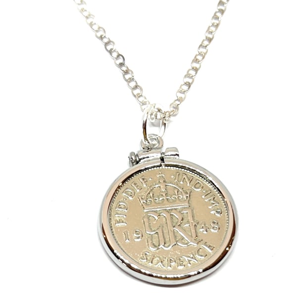 1948 76th Birthday Anniversary sixpence coin pendant plus 18inch SS chain gift