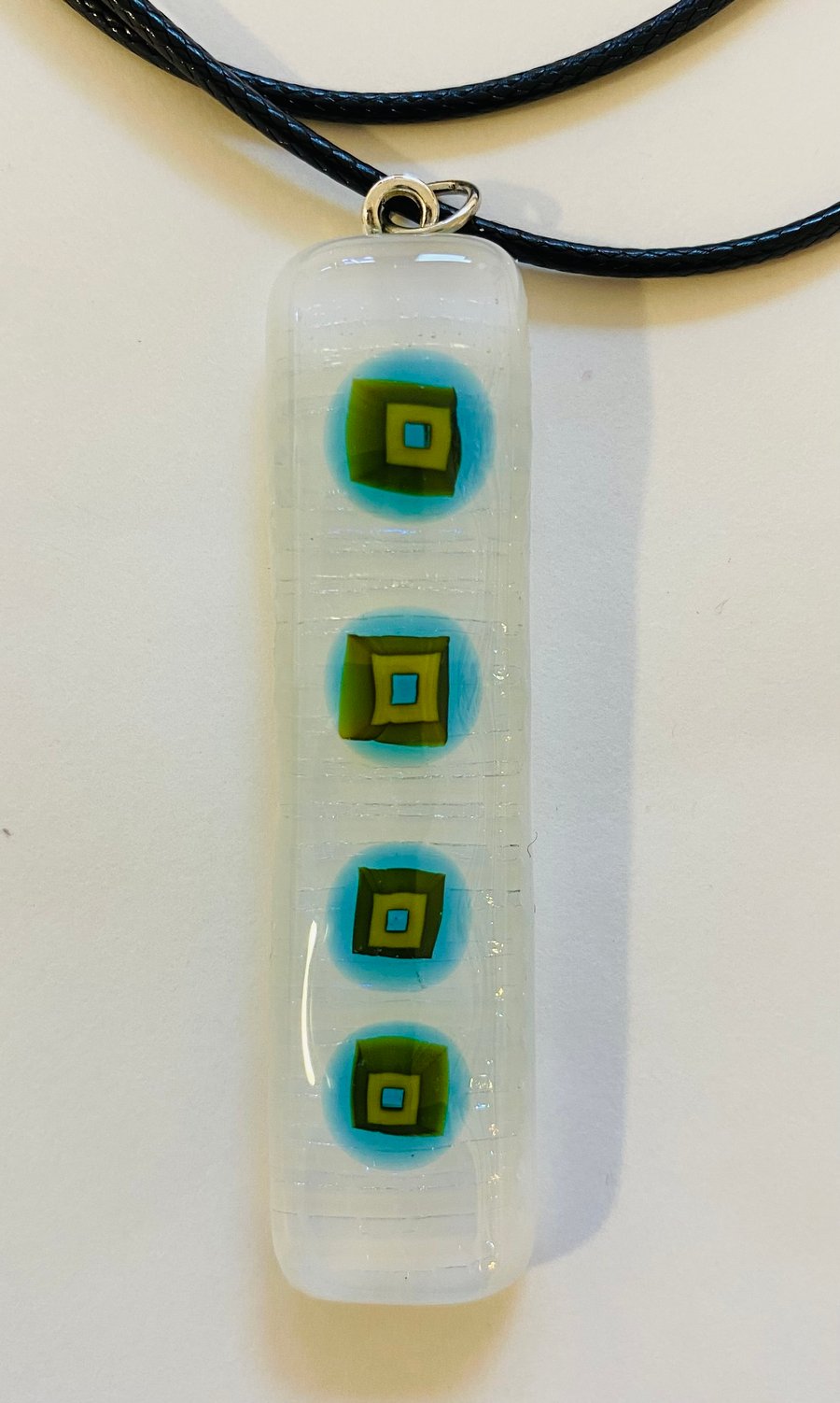 Long white fused glass pendant 