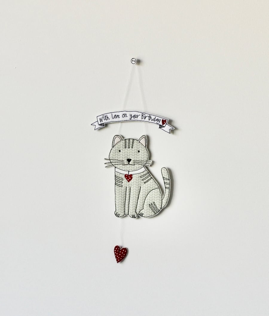 'With Love on your Birthday' Smiling Cat 2 - Handmade Hanging Decoration