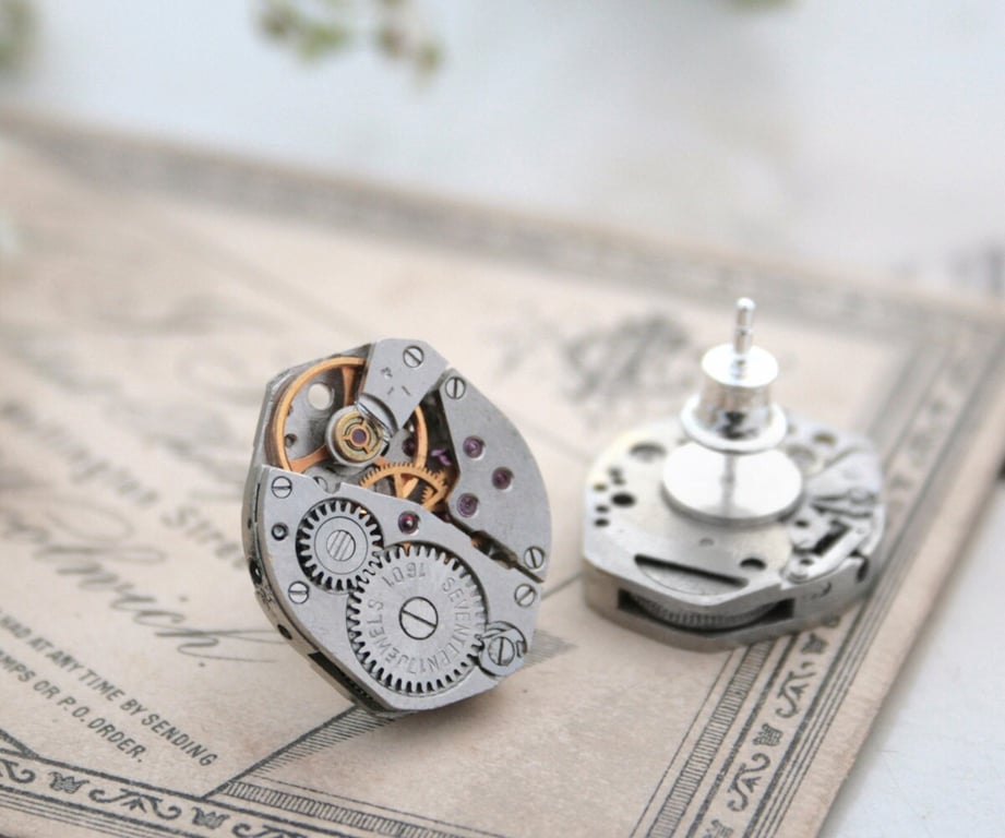 Mens Stud Earrings, Steampunk studs with Industrial watch mechanisms