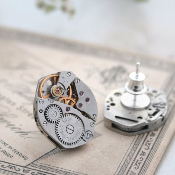 Mens Stud Earrings, Steampunk studs with Industrial watch mechanisms