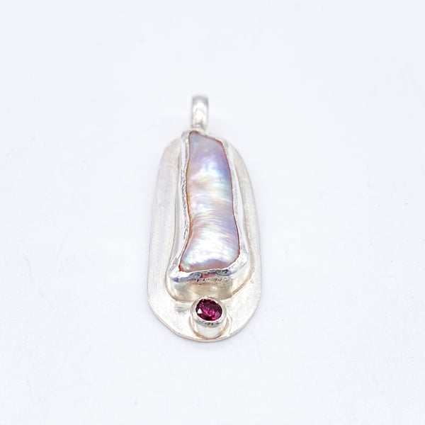 Lilac Biwa Pearl Wrapped in Sterling Silver with Pink Tourmaline 