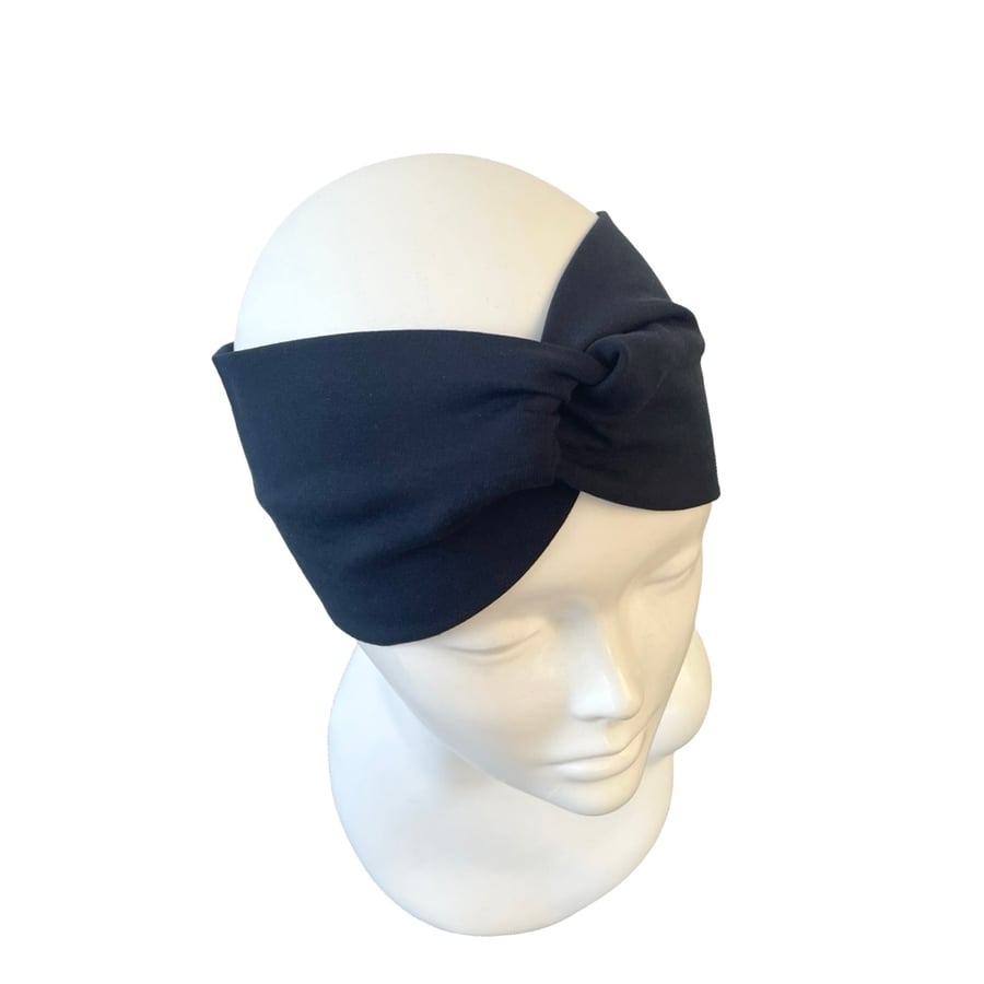 Navy Blue Soft Cotton Twist Headband Wide Stretchy Head Wrap for Women