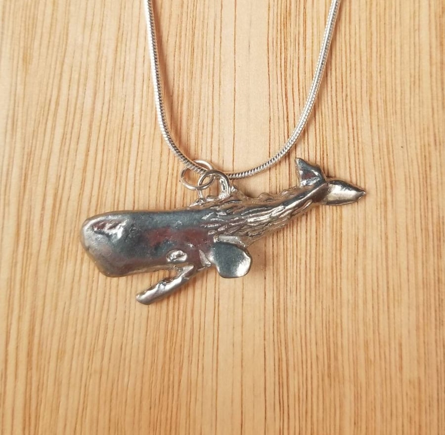 Handmade Recycled Pewter Sperm Whale Necklace, 18" Snake Chain, Ocean Sulpture P