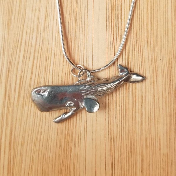 Handmade Recycled Pewter Sperm Whale Necklace, 18" Snake Chain, Ocean Sulpture P