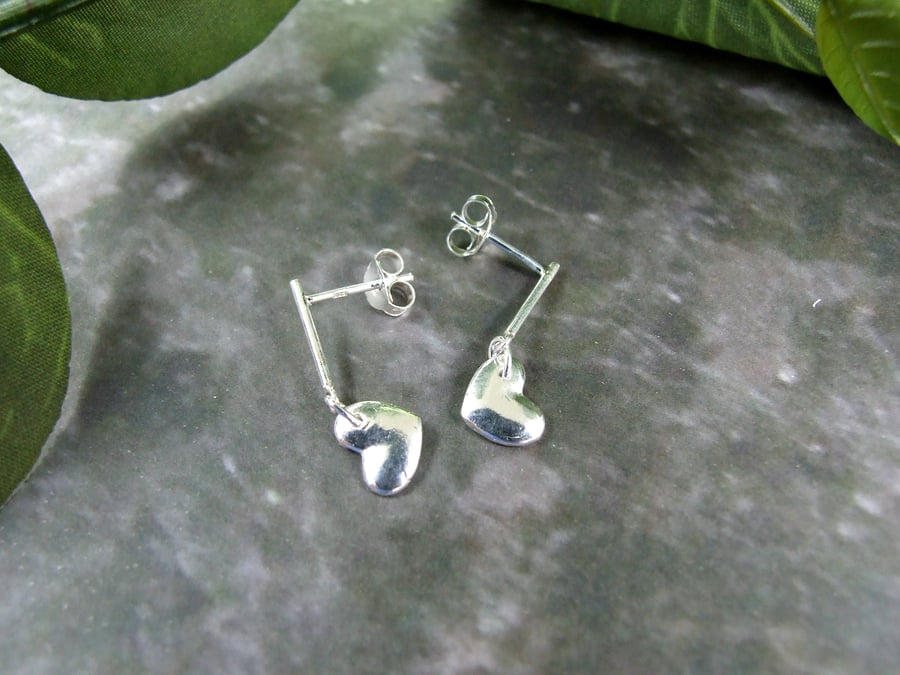 Heart Earrings, Sterling Silver Dainty Heart and Stick Stud Droppers