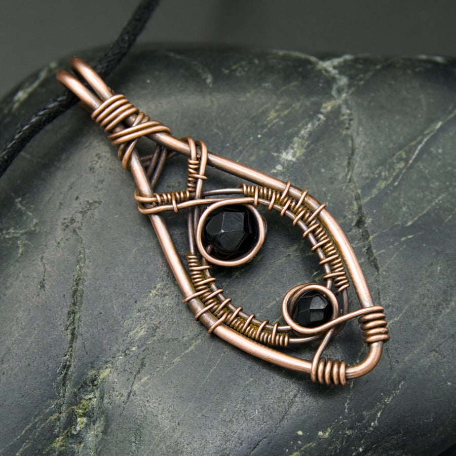 Copper Wire Weave Pointed Drop Pendant with Black Beads