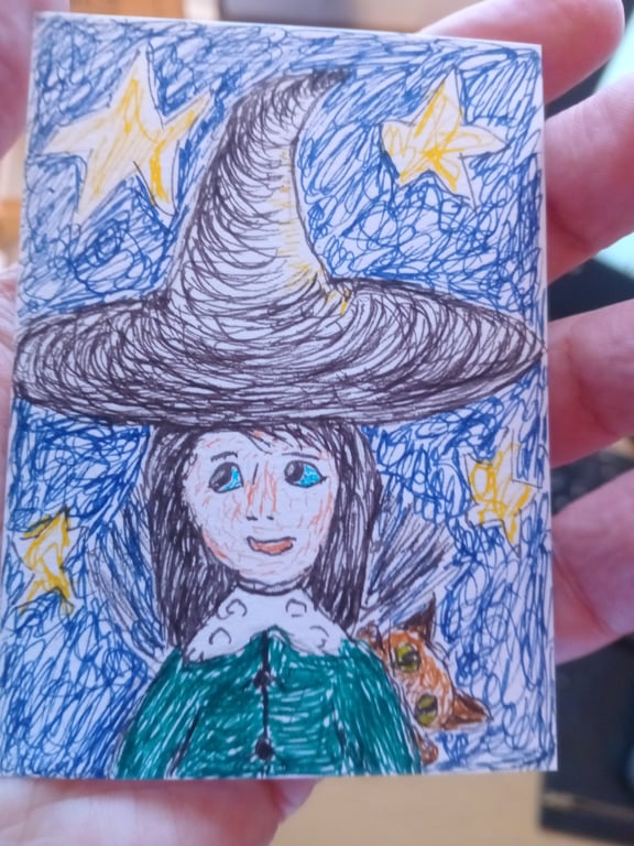 Original Aceo coloured fineliner drawing illustration witch
