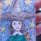 Original Aceo coloured fineliner drawing illustration witch