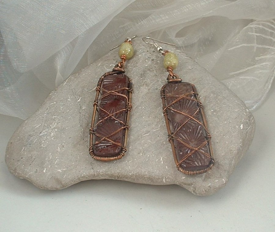 Dusky Pink Textured Glass and Copper Earrings with Connemara Marble Beads