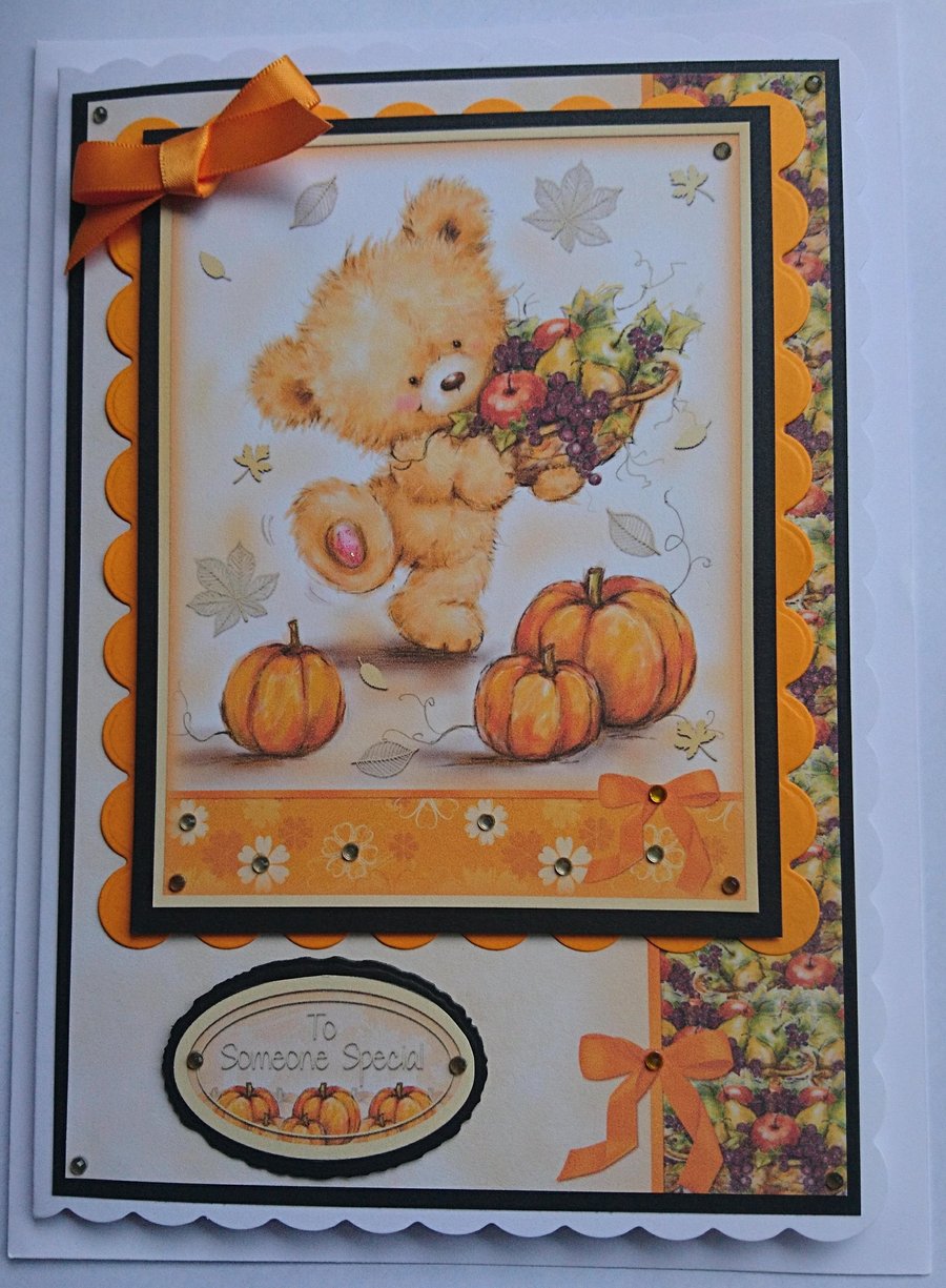 Autumn Harvest Teddy Bear Card To Someone Special Pumpkins 3D Luxury Handmade