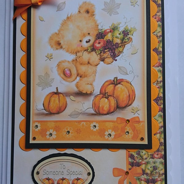 Autumn Harvest Teddy Bear Card To Someone Special Pumpkins 3D Luxury Handmade