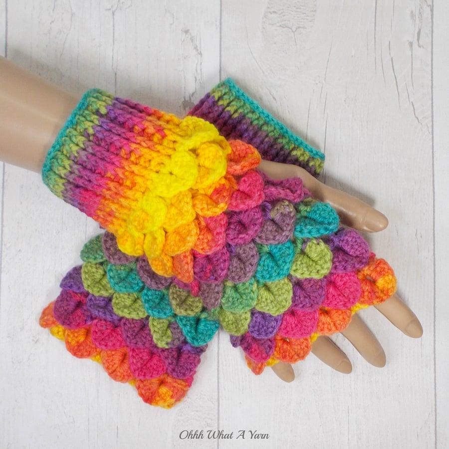 Crochet gloves. Rainbow dragon scale gloves. Fingerless gloves. Rainbow mitts.