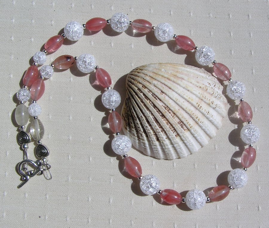 Watermelon Tourmaline & Clear Quartz Gemstone Crystal Chunky Beaded Necklace