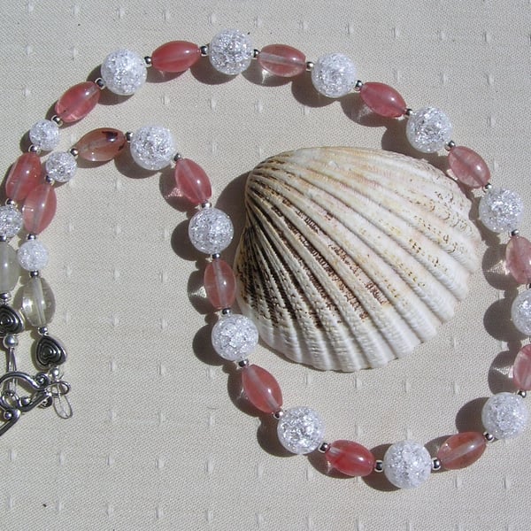 Watermelon Tourmaline & Clear Quartz Gemstone Crystal Chunky Beaded Necklace