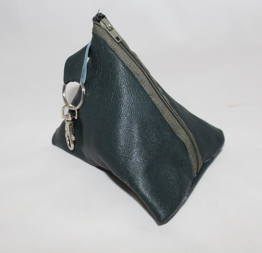 Green leather purse Handmade pyramid purse, key ring purse,ECO up cycled,GIFT, 
