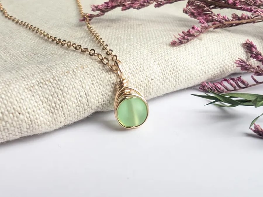SEAGLASS Sea Green Necklace, 14K Gold Filled Minimalist Dainty Pendant