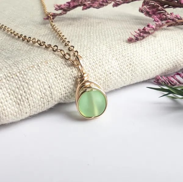 SEAGLASS Sea Green Necklace, 14K Gold Filled Minimalist Dainty Pendant