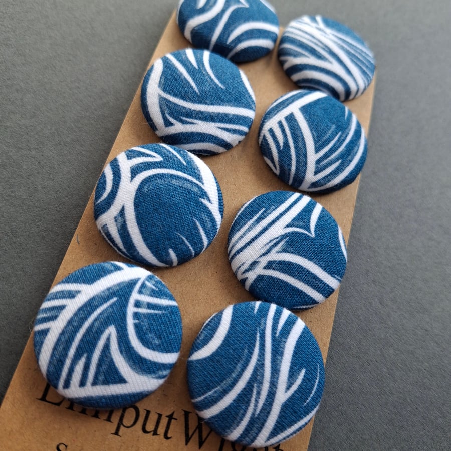 Set of eight scrap bag buttons - dark teal and white fabric