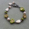 Green Flower and Heart Czech Glass Beaded Bracelet